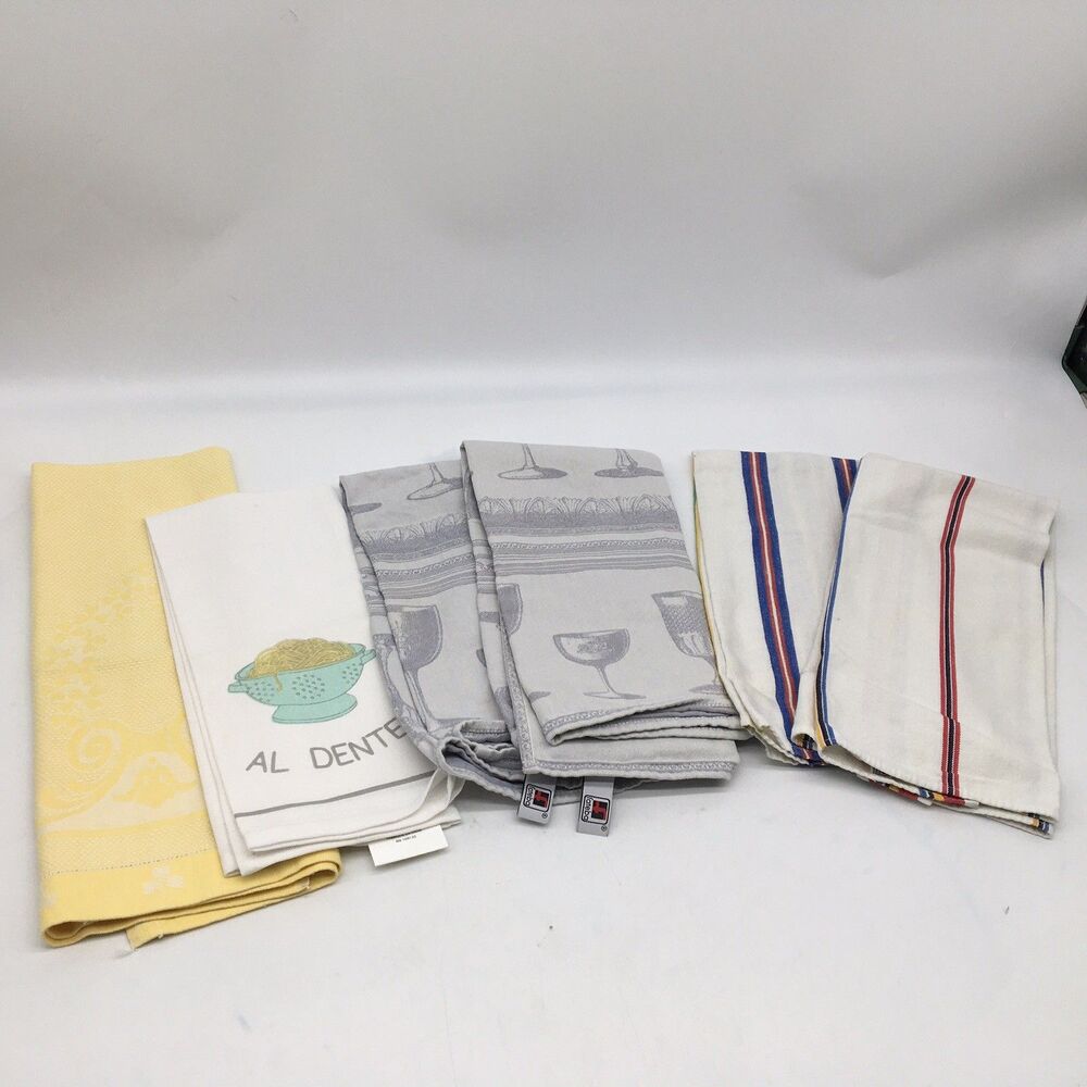 Set Of 6 Vintage Tea Towels Yellow Gray Wine Theme Pasta Stripes READ